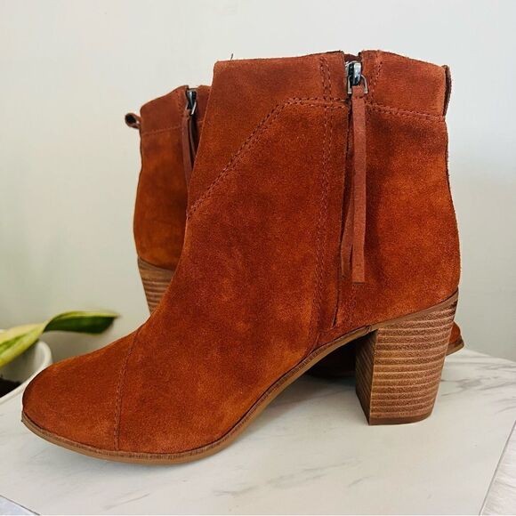 TOMS Lunata Western Boho Tassel Suede Bootie Stacked Block‎ Heel, Brown Size 8.5 - Picture 6 of 17